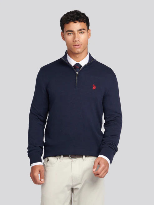 Mens Cotton Funnel Neck 1/4 Zip Knit in Dark Sapphire Navy