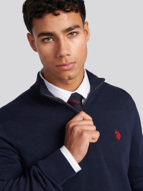 Mens Cotton Funnel Neck 1/4 Zip Knit in Dark Sapphire Navy