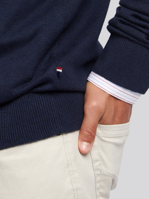 Mens Cotton Funnel Neck 1/4 Zip Knit in Dark Sapphire Navy