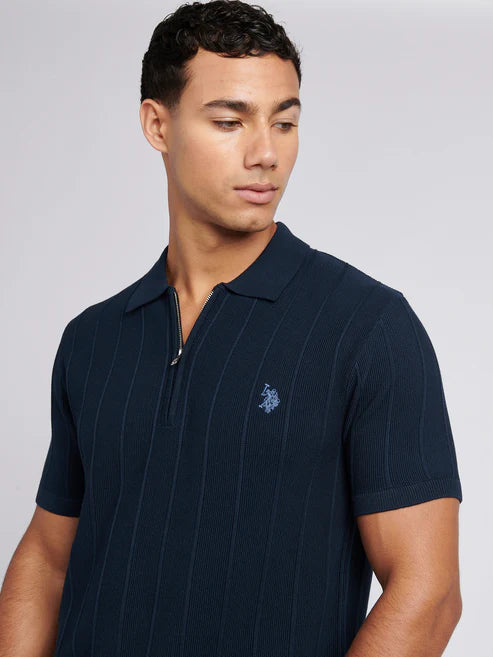 Mens Zip Knit Polo Shirt Dark Sapphire Navy / Moonlight Blue DHM